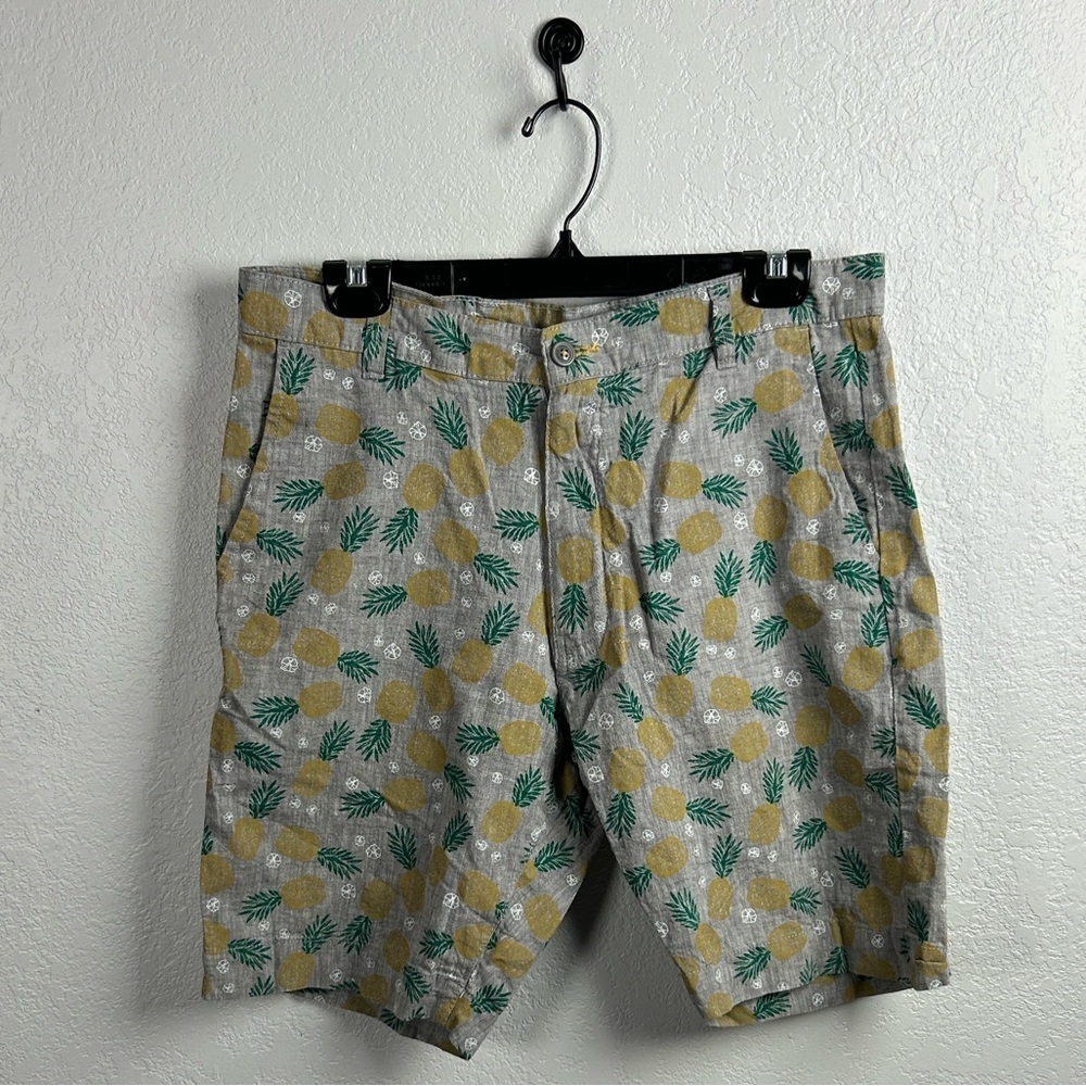Tenth & Ocean Men's Gray Pineappleu Print Shorts Linen Cotton Blend Sz 34 Beach